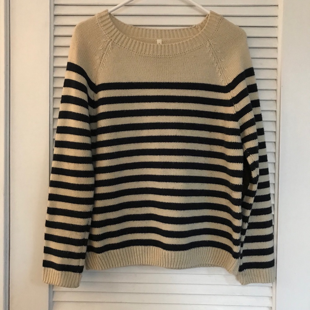 Navy and Cream Striped Sweater with Elbow Pads